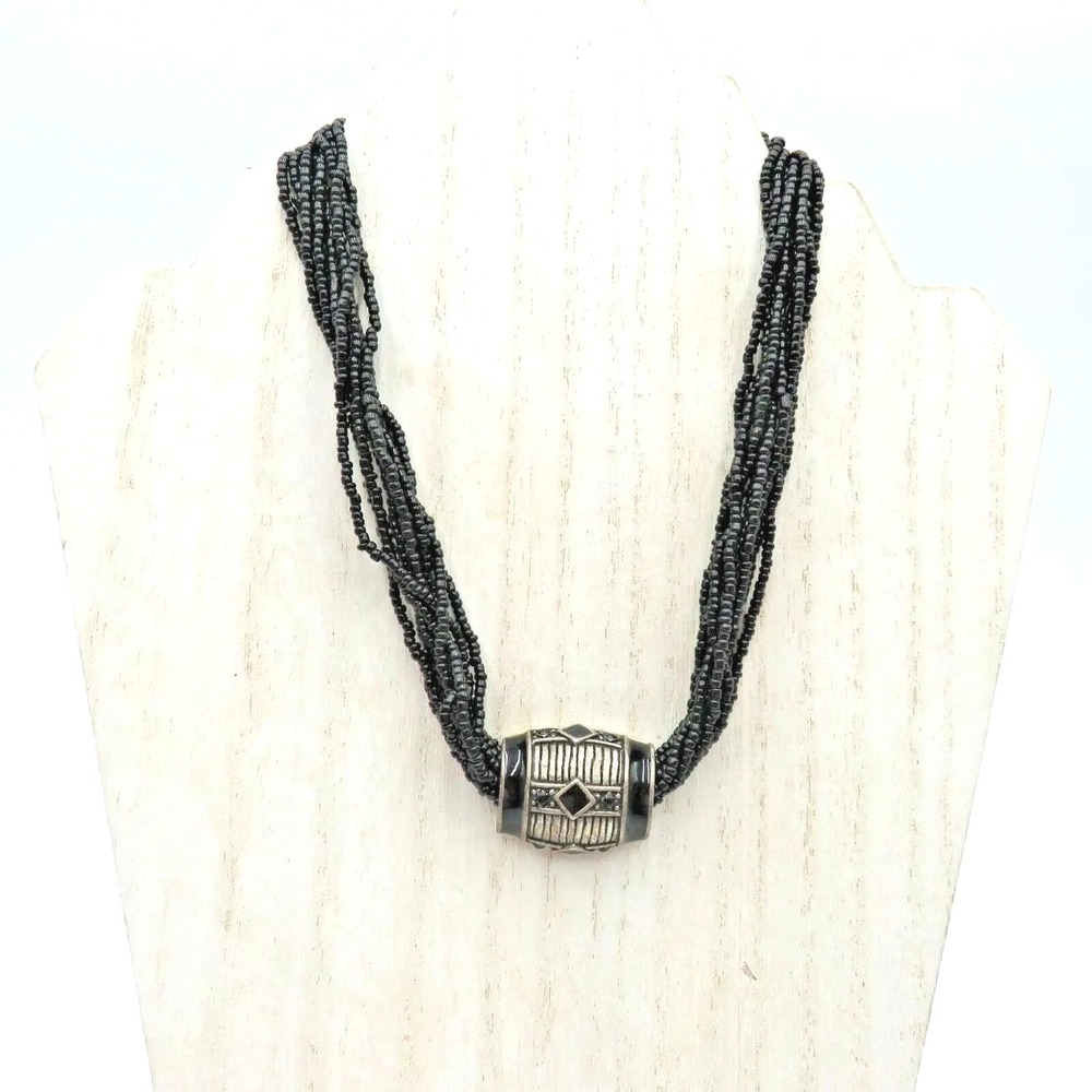 Chico's Black Beaded Multi Strand Necklace Silver Tone Barrel Pendant Statement